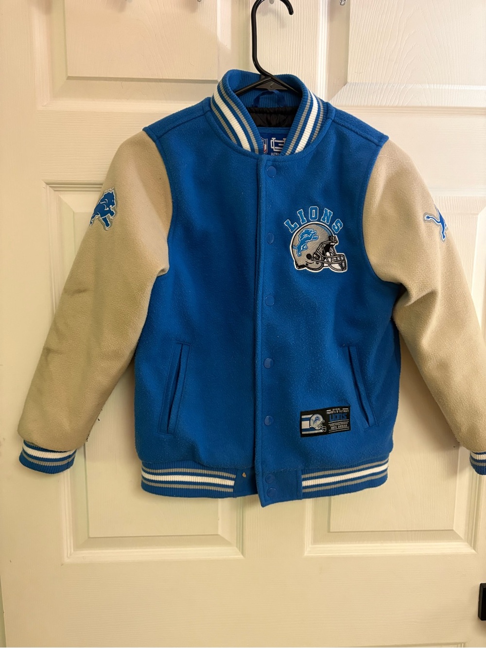NFL Kids Detroit Lions Varsity Jacket in Blue and Cream